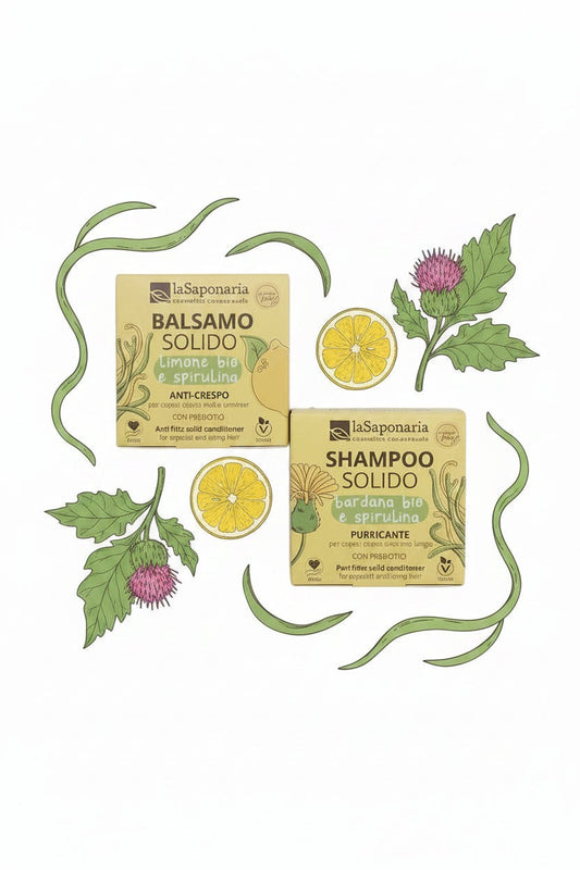 Set di shampoo e balsamo solidi laSaponaria da Vale Belle Bolle con estratti di bardana, limone e spirulina bio.