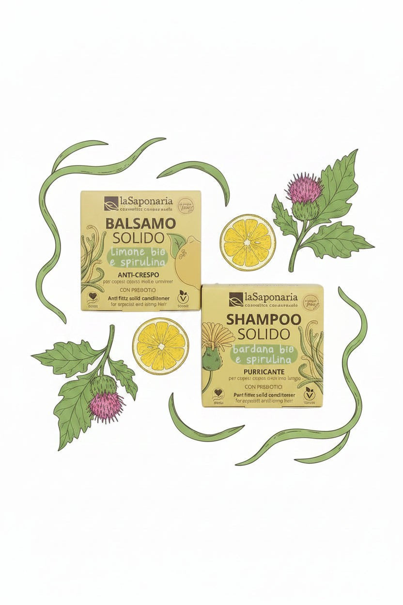 Set di shampoo e balsamo solidi laSaponaria da Vale Belle Bolle con estratti di bardana, limone e spirulina bio.