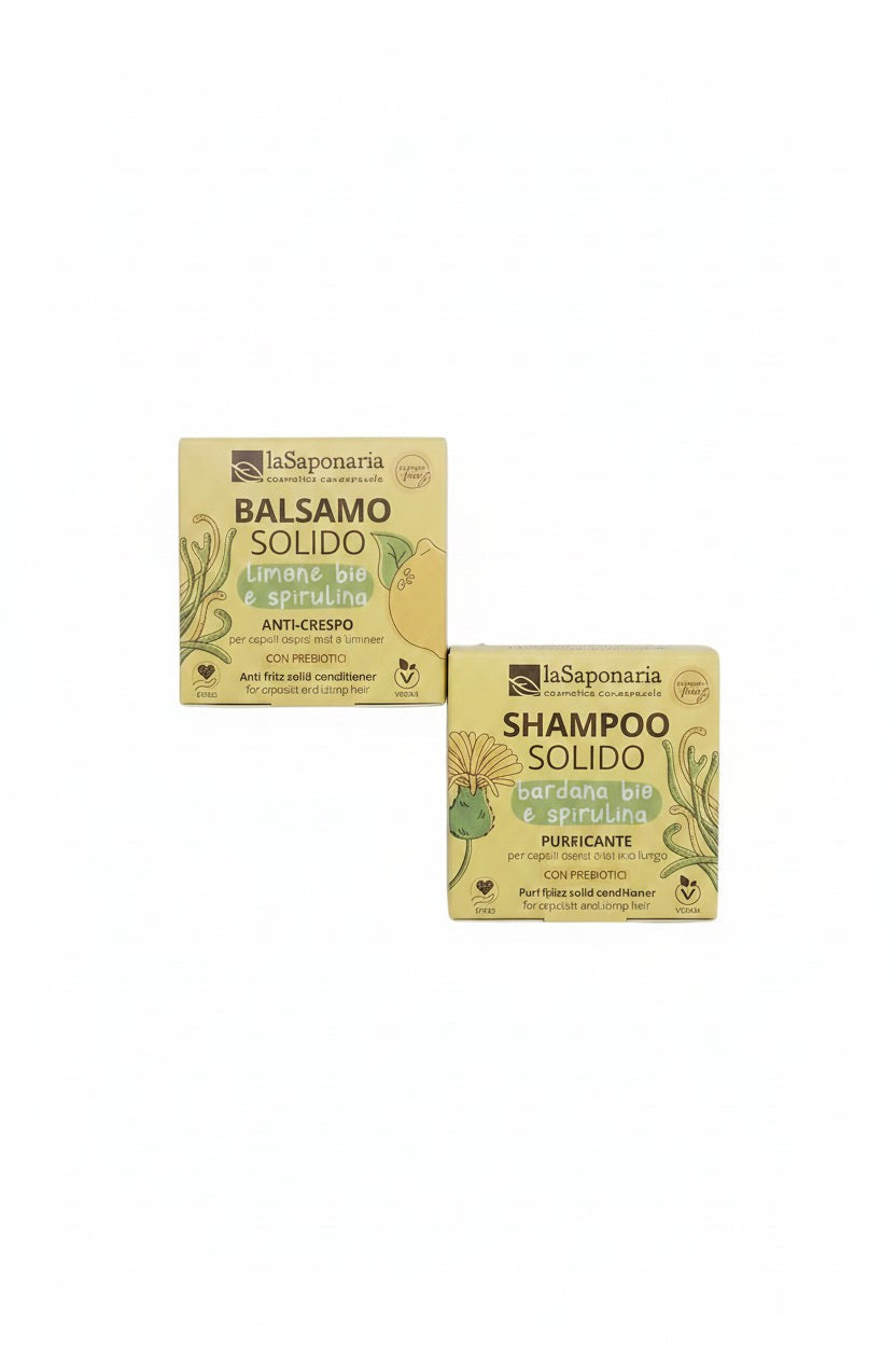 Set di shampoo e balsamo solidi laSaponaria in confezioni eco-friendly di cartone, venduti da Vale Belle Bolle.