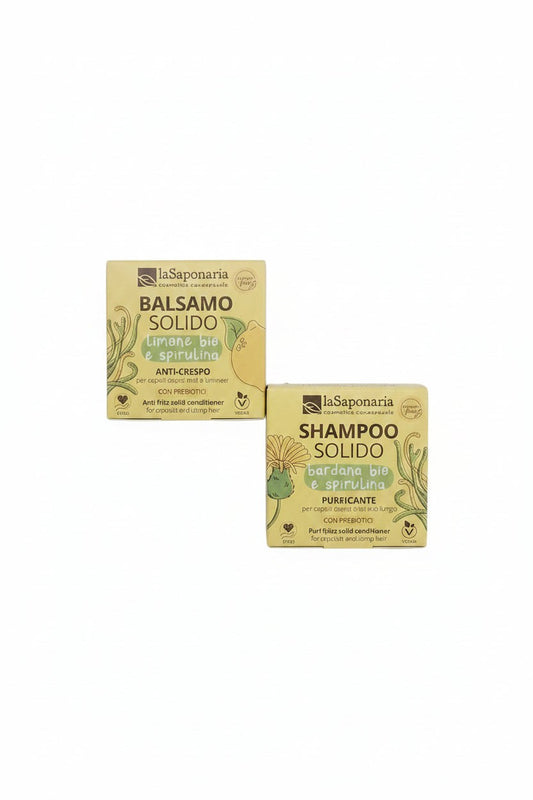 Set di shampoo e balsamo solidi laSaponaria in confezioni eco-friendly di cartone, venduti da Vale Belle Bolle.